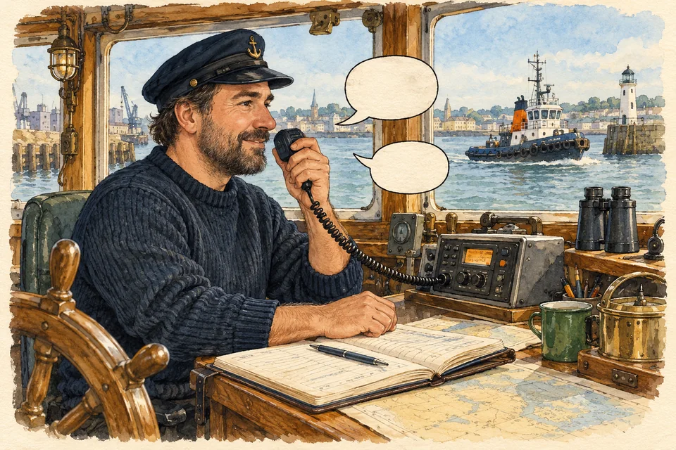 Watercolor of a tugboat captain speaking into a maritime radio beside a logbook and empty speech bubbles.
