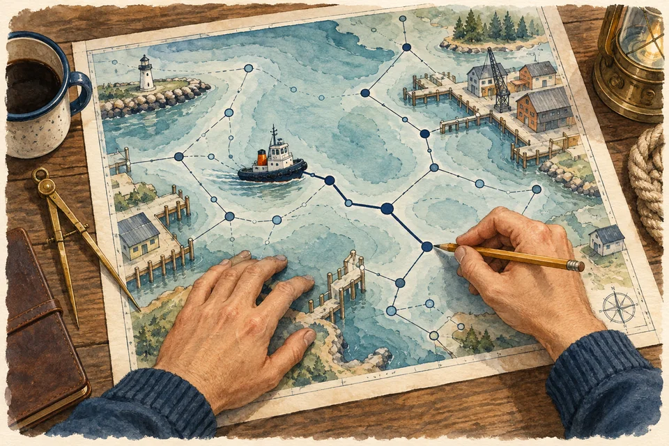 Watercolor of a developer tracing connected harbor routes on a navigation chart.