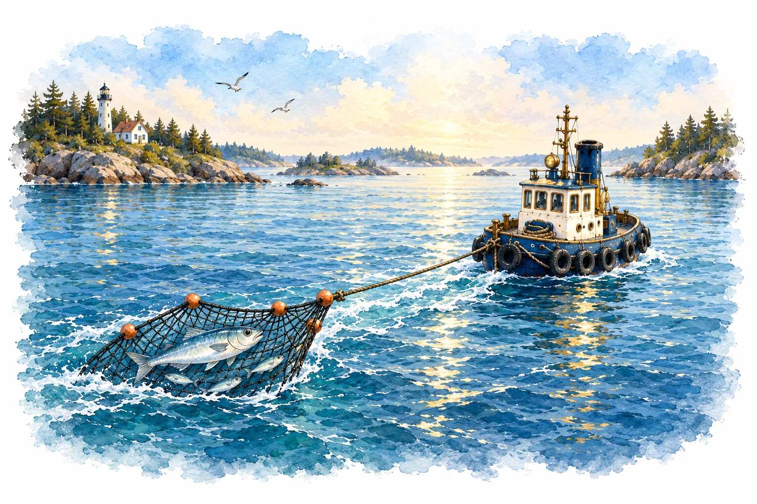 A navy-and-cream tugboat draws a net of fish through a sunlit coastal channel, with one larger fish standing out among the catch.