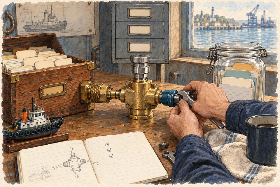 Watercolor of a developer fitting distinct storage adapters onto a common brass coupling.