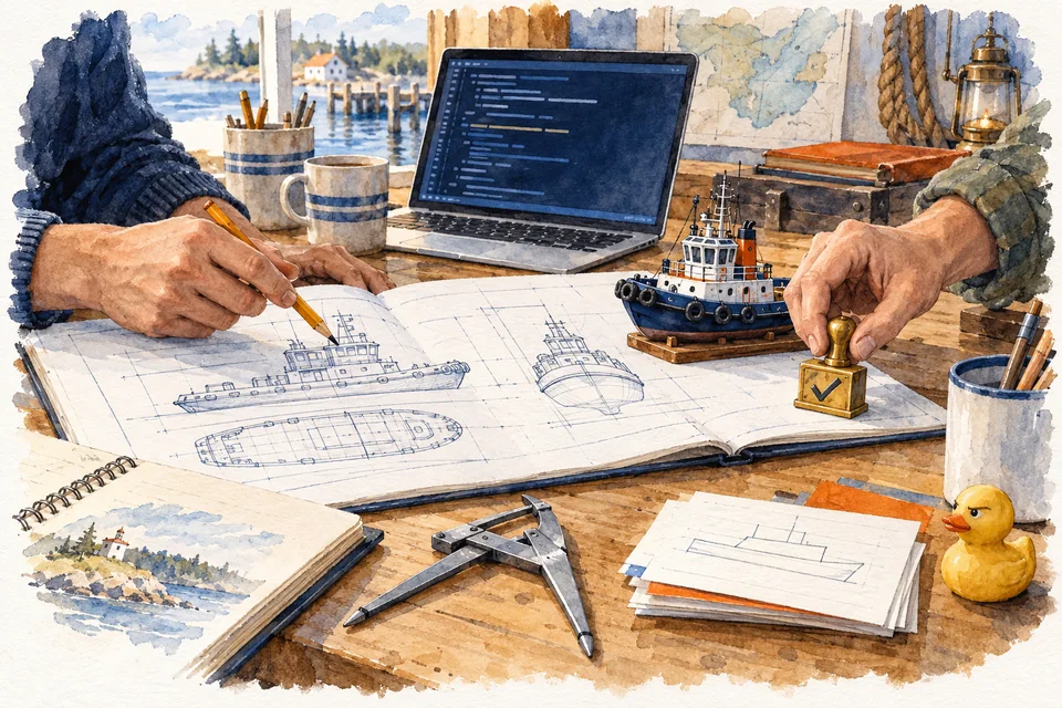 Watercolor of two developers reviewing a tugboat blueprint beside a laptop, a model boat, and a rubber duck.