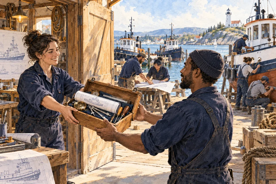 Watercolor of a developer sharing a toolbox and blueprints with another builder while a harbor community works on tugboats.