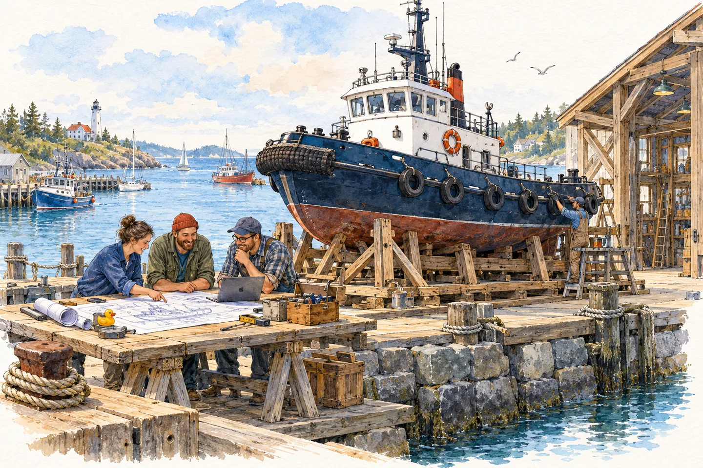 Watercolor of developers building a tugboat together in a shipyard on solid stone foundations.