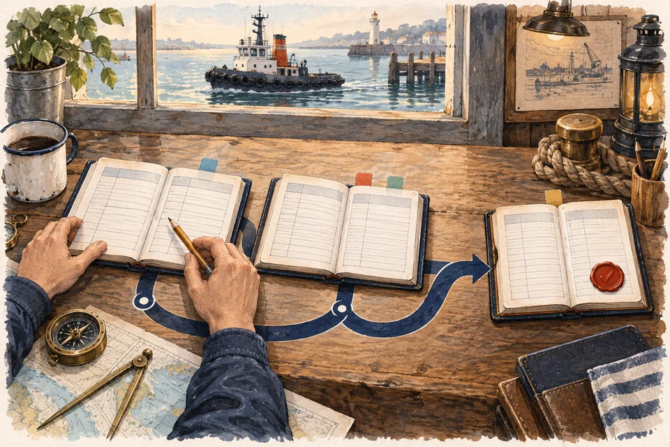 Watercolor of reviewed ship logbooks arranged along branching and rejoining ribbons.