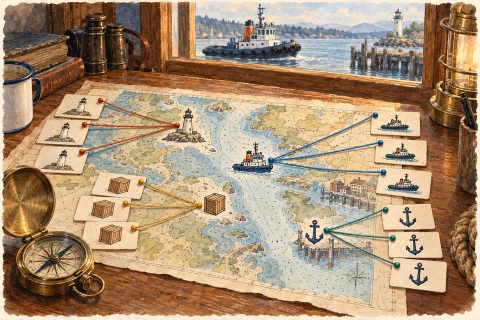 Watercolor of harbor symbols linked to matching concept cards on a captain’s desk.