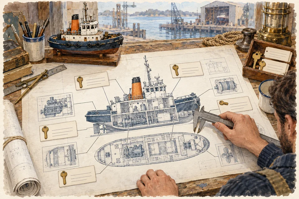 Watercolor of a tugboat blueprint organized into record cards, keys, and measured compartments.
