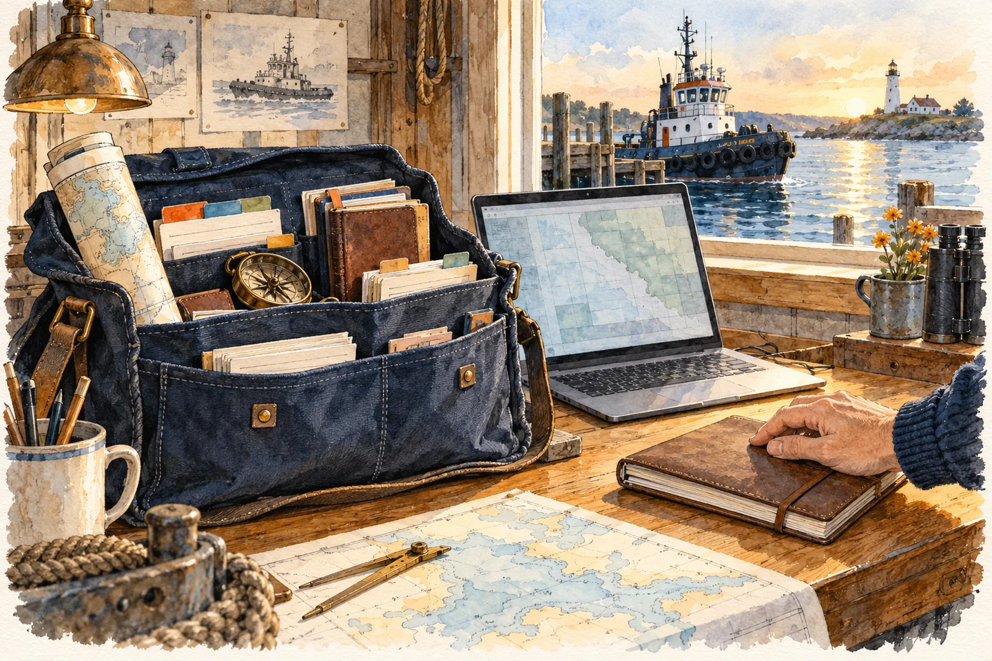 Watercolor of a navigator’s desk and satchel keeping charts and notes ready to resume work.