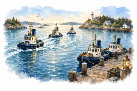Painted tugboats crossing a harbor, with some working and others at the quay.