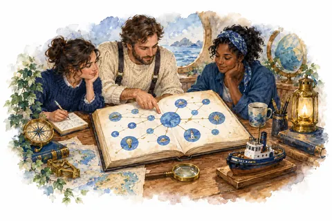 Three people exploring connected ideas in an illustrated knowledge book.