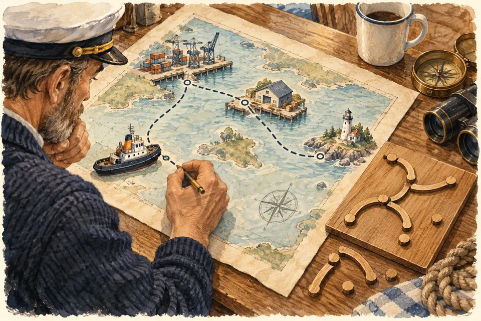 Watercolor of a captain plotting a route between harbor terminals with a branching navigation stencil.