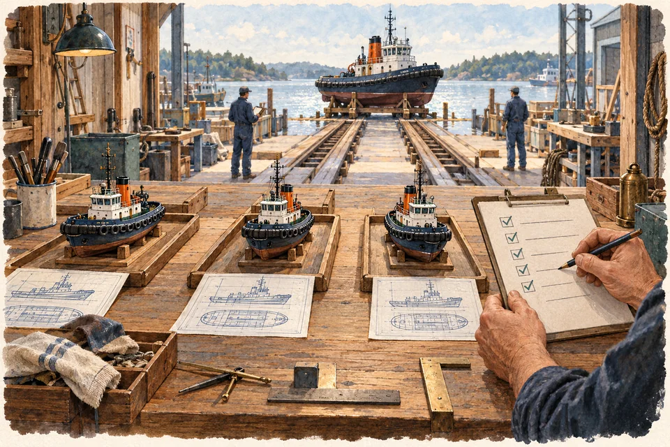 Watercolor of separate tugboat builds being inspected before converging on a finished boat ready to launch.