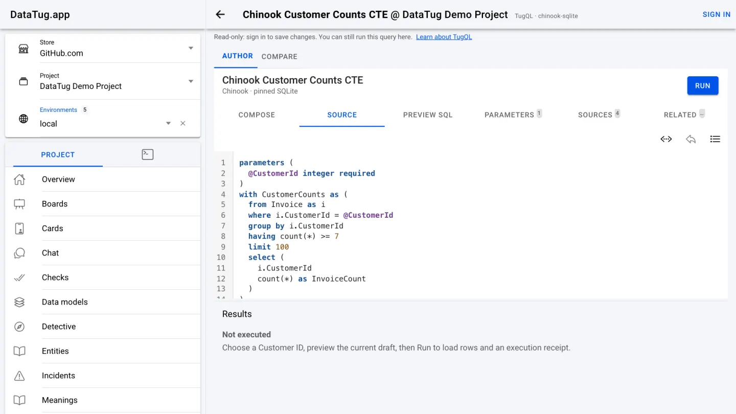A TugQL text-form query with a required CustomerId parameter, a common table expression and a join, in the DataTug query editor.
